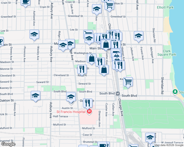 map of restaurants, bars, coffee shops, grocery stores, and more near 815 Reba Place in Evanston
