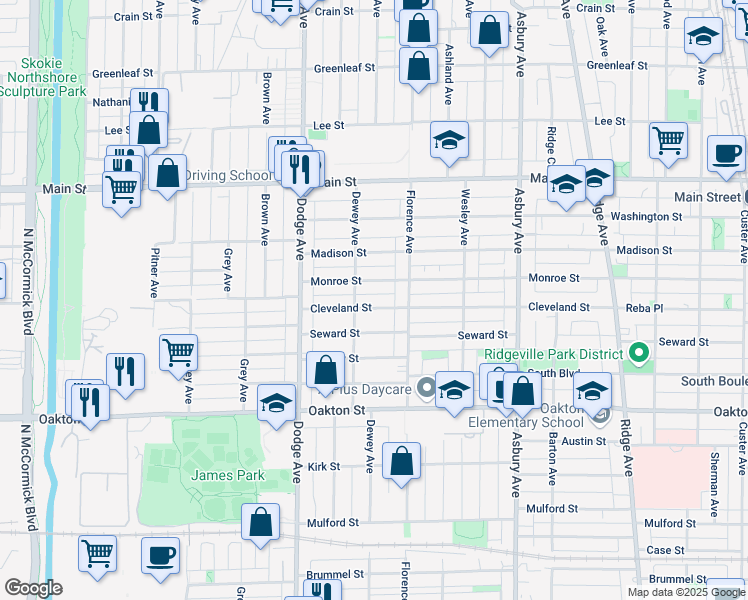 map of restaurants, bars, coffee shops, grocery stores, and more near 1627 Cleveland Street in Evanston