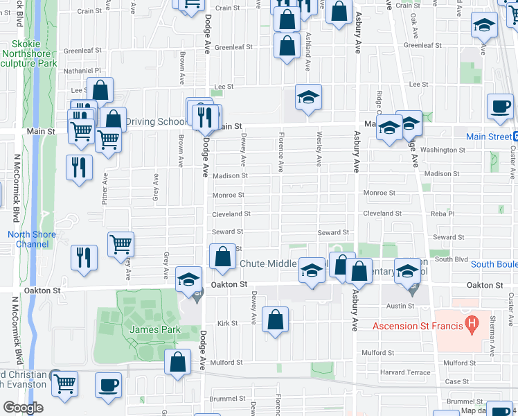 map of restaurants, bars, coffee shops, grocery stores, and more near 1627 Cleveland Street in Evanston