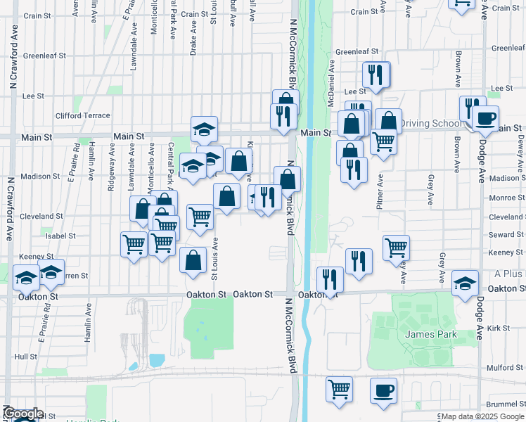 map of restaurants, bars, coffee shops, grocery stores, and more near 8200 Christiana Avenue in Skokie