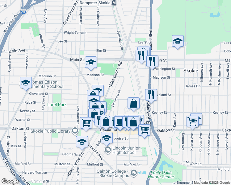 map of restaurants, bars, coffee shops, grocery stores, and more near 8210 Elmwood Street in Skokie