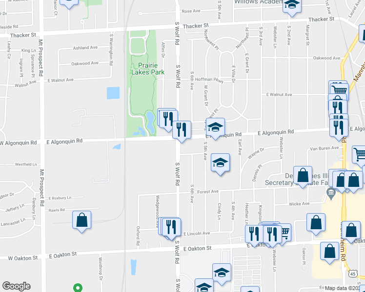 map of restaurants, bars, coffee shops, grocery stores, and more near 1215 South Wolf Road in Des Plaines