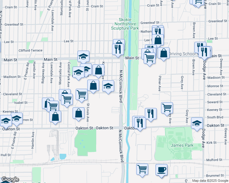 map of restaurants, bars, coffee shops, grocery stores, and more near 8200 Christiana Avenue in Skokie