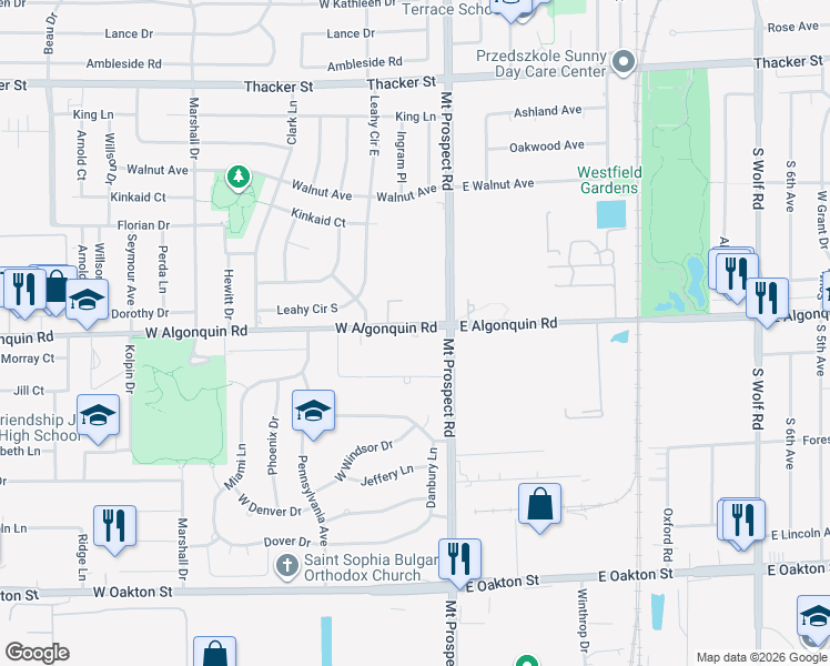 map of restaurants, bars, coffee shops, grocery stores, and more near 31 West Algonquin Road in Des Plaines