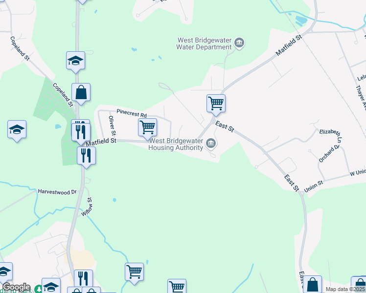 map of restaurants, bars, coffee shops, grocery stores, and more near 161 Matfield Street in West Bridgewater