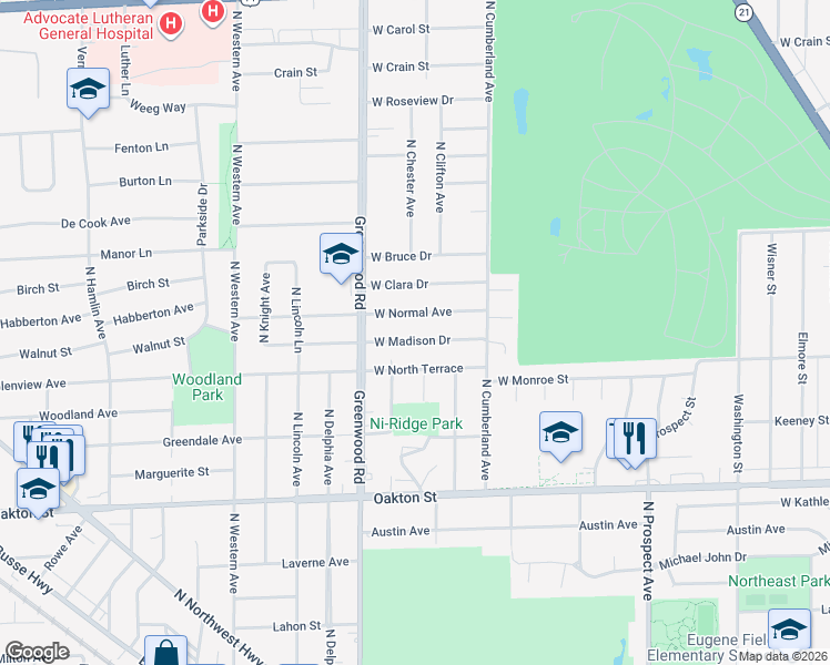 map of restaurants, bars, coffee shops, grocery stores, and more near 8510 West Madison Drive in Niles
