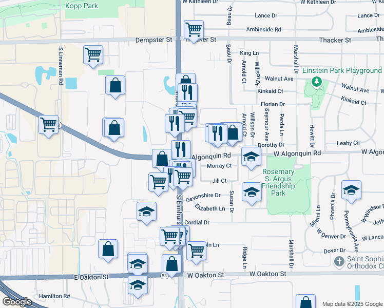 map of restaurants, bars, coffee shops, grocery stores, and more near 718 West Algonquin Road in Des Plaines