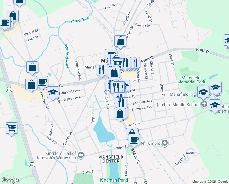 map of restaurants, bars, coffee shops, grocery stores, and more near 252 North Main Street in Mansfield