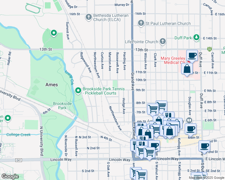 map of restaurants, bars, coffee shops, grocery stores, and more near 921 9th Street in Ames