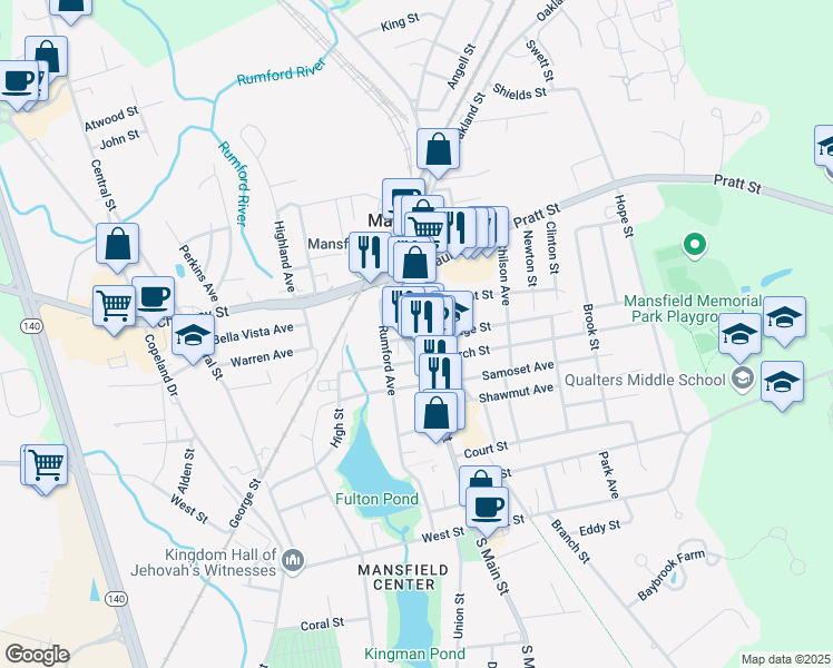 map of restaurants, bars, coffee shops, grocery stores, and more near 252 North Main Street in Mansfield