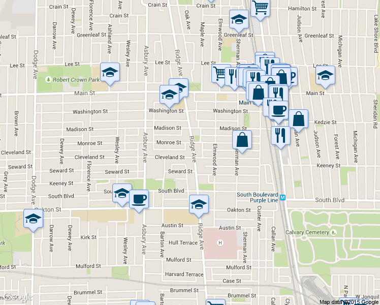map of restaurants, bars, coffee shops, grocery stores, and more near 631 Ridge Avenue in Evanston