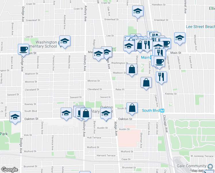 map of restaurants, bars, coffee shops, grocery stores, and more near 1035 Cleveland Street in Evanston