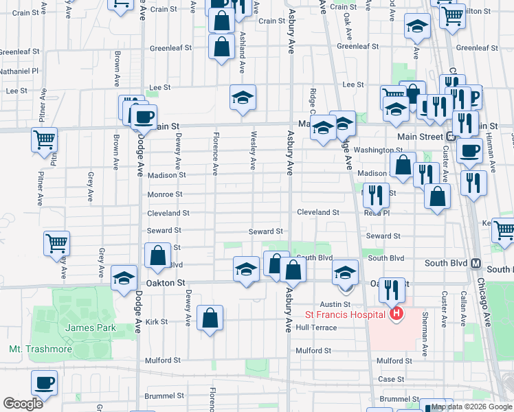 map of restaurants, bars, coffee shops, grocery stores, and more near 1327 Cleveland Street in Evanston