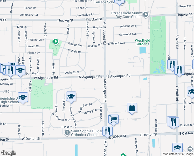 map of restaurants, bars, coffee shops, grocery stores, and more near 31 West Algonquin Road in Des Plaines