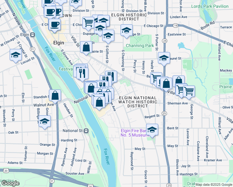 map of restaurants, bars, coffee shops, grocery stores, and more near 328 Raymond Street in Elgin