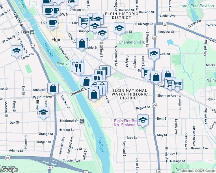map of restaurants, bars, coffee shops, grocery stores, and more near 328 Raymond Street in Elgin