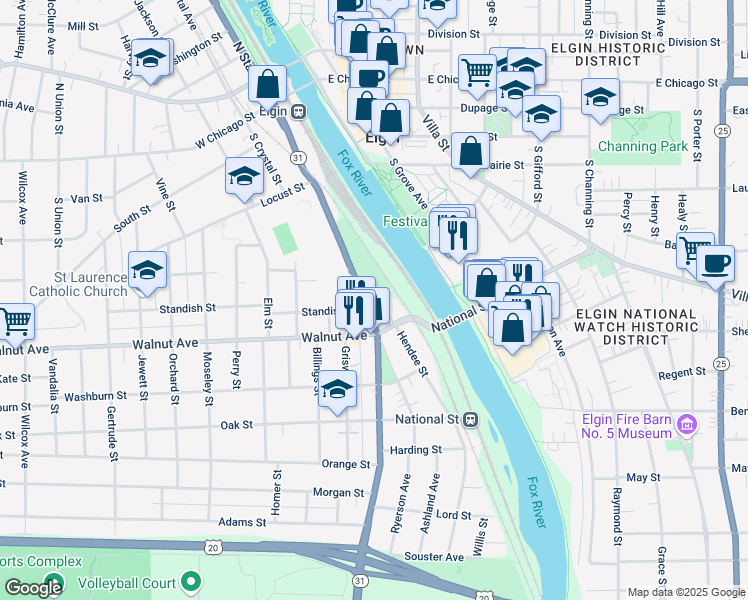 map of restaurants, bars, coffee shops, grocery stores, and more near 105 Standish Court in Elgin