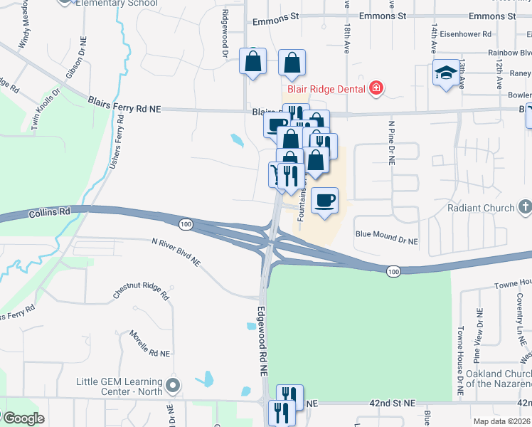 map of restaurants, bars, coffee shops, grocery stores, and more near 5252 Buffalo Road in Cedar Rapids