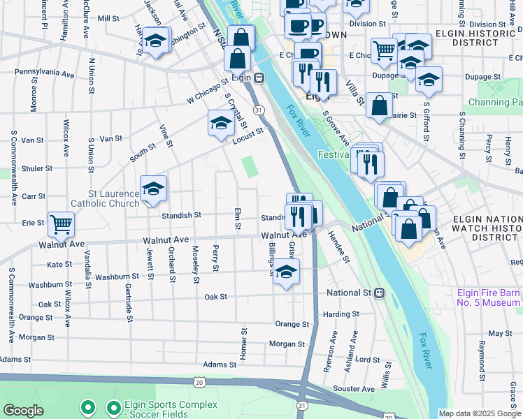 map of restaurants, bars, coffee shops, grocery stores, and more near 326 Standish Street in Elgin