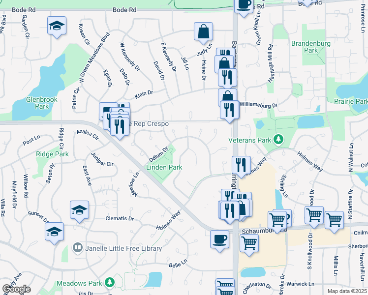 map of restaurants, bars, coffee shops, grocery stores, and more near 274 Sierra Pass Drive in Schaumburg