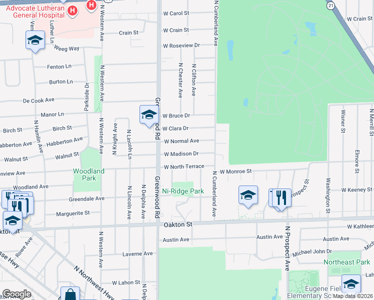 map of restaurants, bars, coffee shops, grocery stores, and more near 8510 West Madison Drive in Niles
