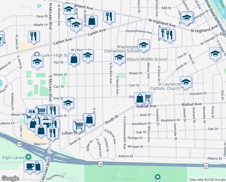 map of restaurants, bars, coffee shops, grocery stores, and more near 170 South Du Bois Avenue in Elgin