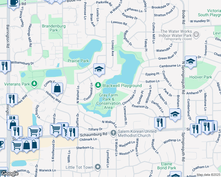 map of restaurants, bars, coffee shops, grocery stores, and more near 120 Cloverdale Lane in Schaumburg
