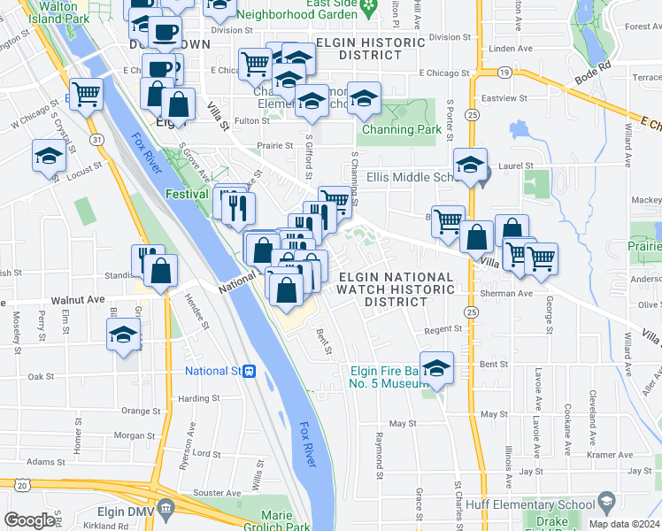 map of restaurants, bars, coffee shops, grocery stores, and more near 328 Raymond Street in Elgin