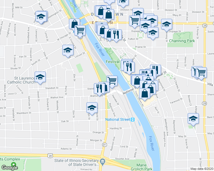 map of restaurants, bars, coffee shops, grocery stores, and more near 105 Standish Court in Elgin