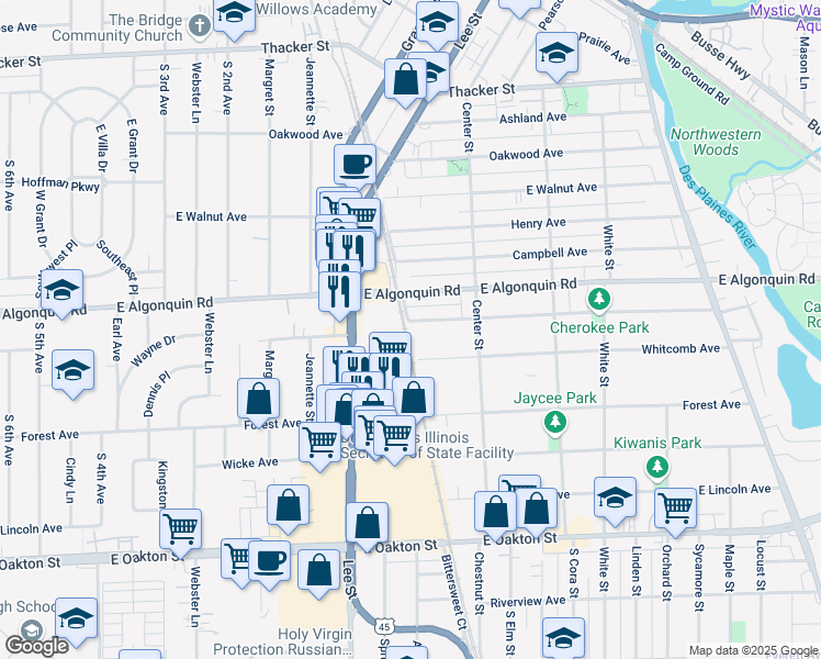 map of restaurants, bars, coffee shops, grocery stores, and more near 1287 Van Buren Avenue in Des Plaines