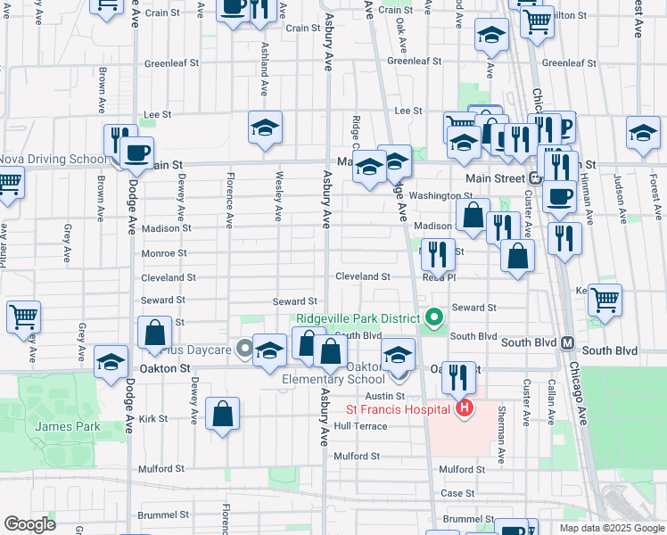 map of restaurants, bars, coffee shops, grocery stores, and more near 639 Asbury Avenue in Evanston