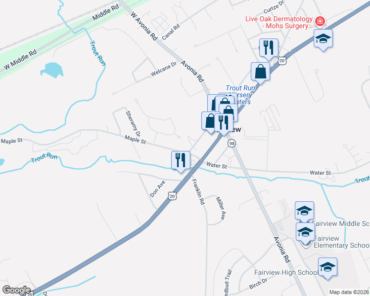 map of restaurants, bars, coffee shops, grocery stores, and more near 7640 Maple Street in Fairview
