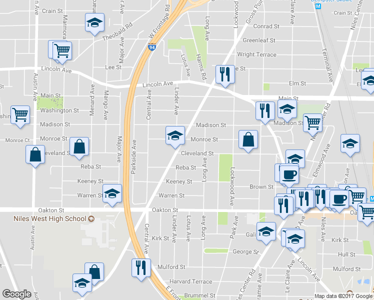 map of restaurants, bars, coffee shops, grocery stores, and more near 5432 Cleveland Street in Morton Grove