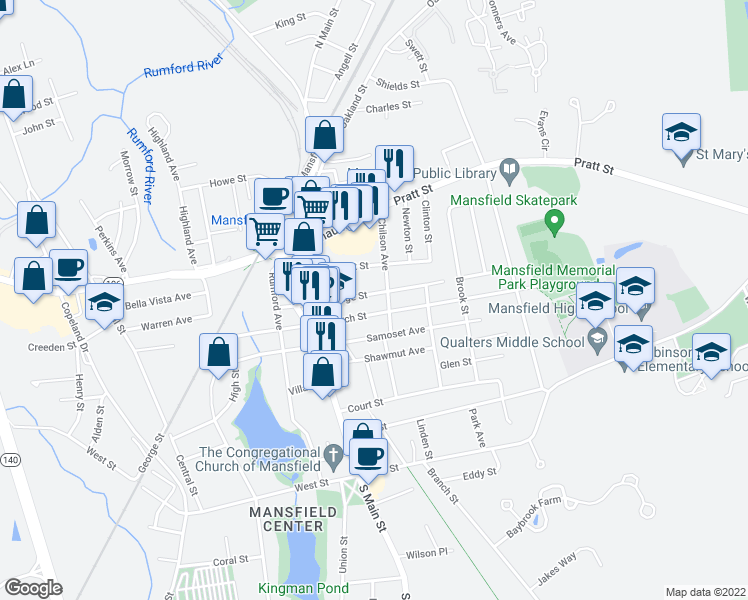 map of restaurants, bars, coffee shops, grocery stores, and more near 62 Church Street in Mansfield