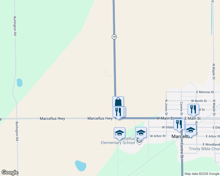 map of restaurants, bars, coffee shops, grocery stores, and more near 52780 Michigan 40 in Marcellus