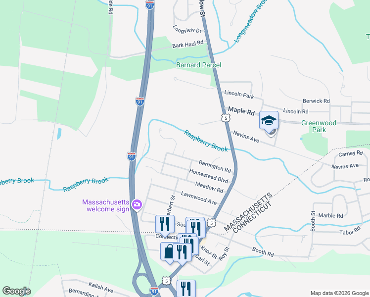 map of restaurants, bars, coffee shops, grocery stores, and more near 100 Barrington Road in Longmeadow