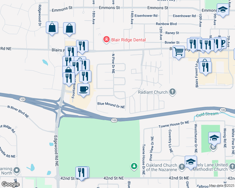 map of restaurants, bars, coffee shops, grocery stores, and more near 3717 Fir Tree Drive Northeast in Cedar Rapids