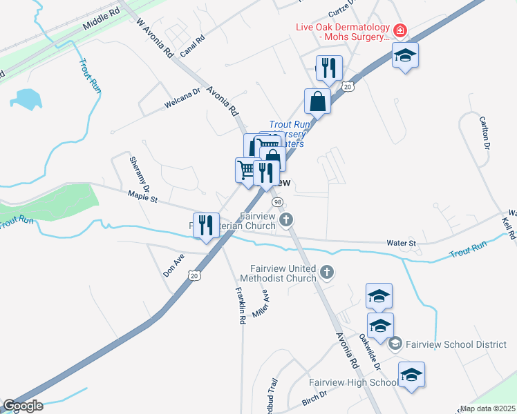 map of restaurants, bars, coffee shops, grocery stores, and more near 7555 West Ridge Road in Fairview