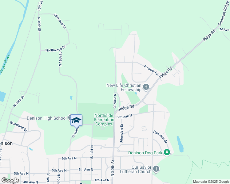map of restaurants, bars, coffee shops, grocery stores, and more near 1000 North 20th Street in Denison