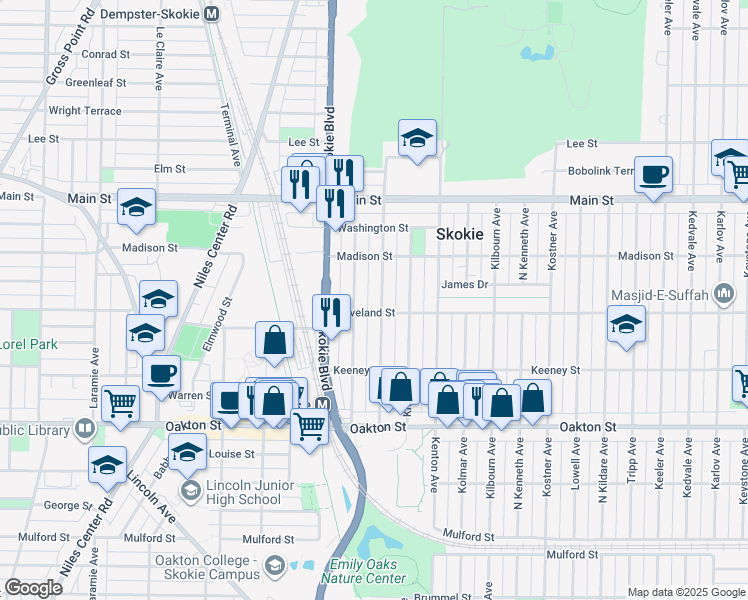 map of restaurants, bars, coffee shops, grocery stores, and more near 8200 Kilpatrick Avenue in Skokie
