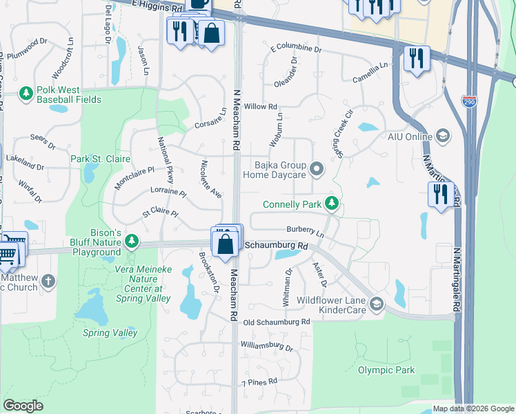 map of restaurants, bars, coffee shops, grocery stores, and more near 1493 Sandburg Drive in Schaumburg