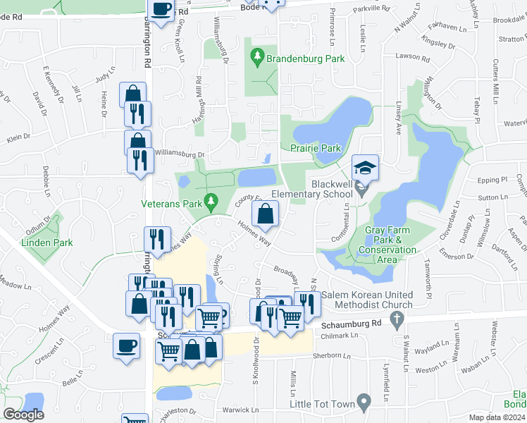 map of restaurants, bars, coffee shops, grocery stores, and more near 2329 County Farm Lane in Schaumburg