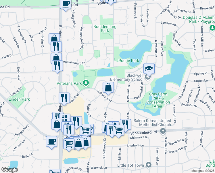 map of restaurants, bars, coffee shops, grocery stores, and more near 210 Rob Roy Court in Schaumburg