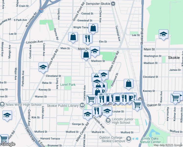 map of restaurants, bars, coffee shops, grocery stores, and more near 8200 Lincoln Avenue in Skokie