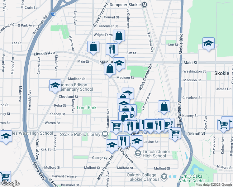 map of restaurants, bars, coffee shops, grocery stores, and more near 8200 Lincoln Avenue in Skokie