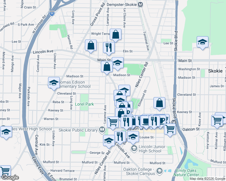 map of restaurants, bars, coffee shops, grocery stores, and more near 8200 Lincoln Avenue in Skokie