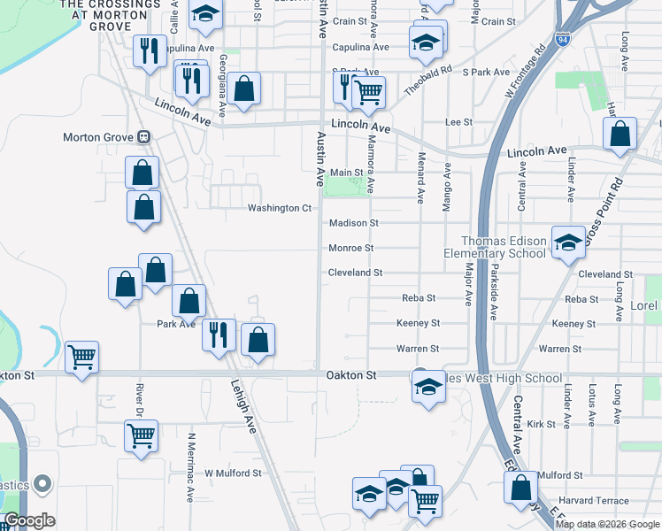map of restaurants, bars, coffee shops, grocery stores, and more near 5929 Cleveland Street in Morton Grove
