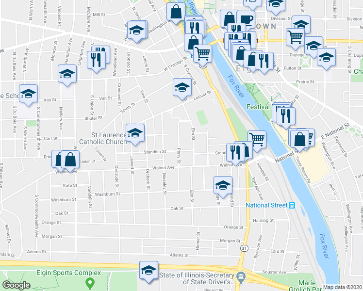 map of restaurants, bars, coffee shops, grocery stores, and more near 227 Perry Street in Elgin