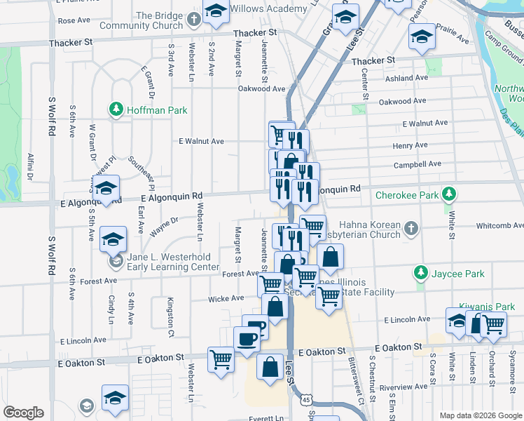 map of restaurants, bars, coffee shops, grocery stores, and more near 1146 Van Buren Avenue in Des Plaines