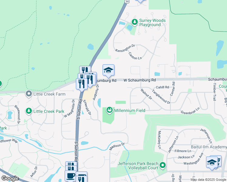 map of restaurants, bars, coffee shops, grocery stores, and more near 701 West Schaumburg Road in Streamwood